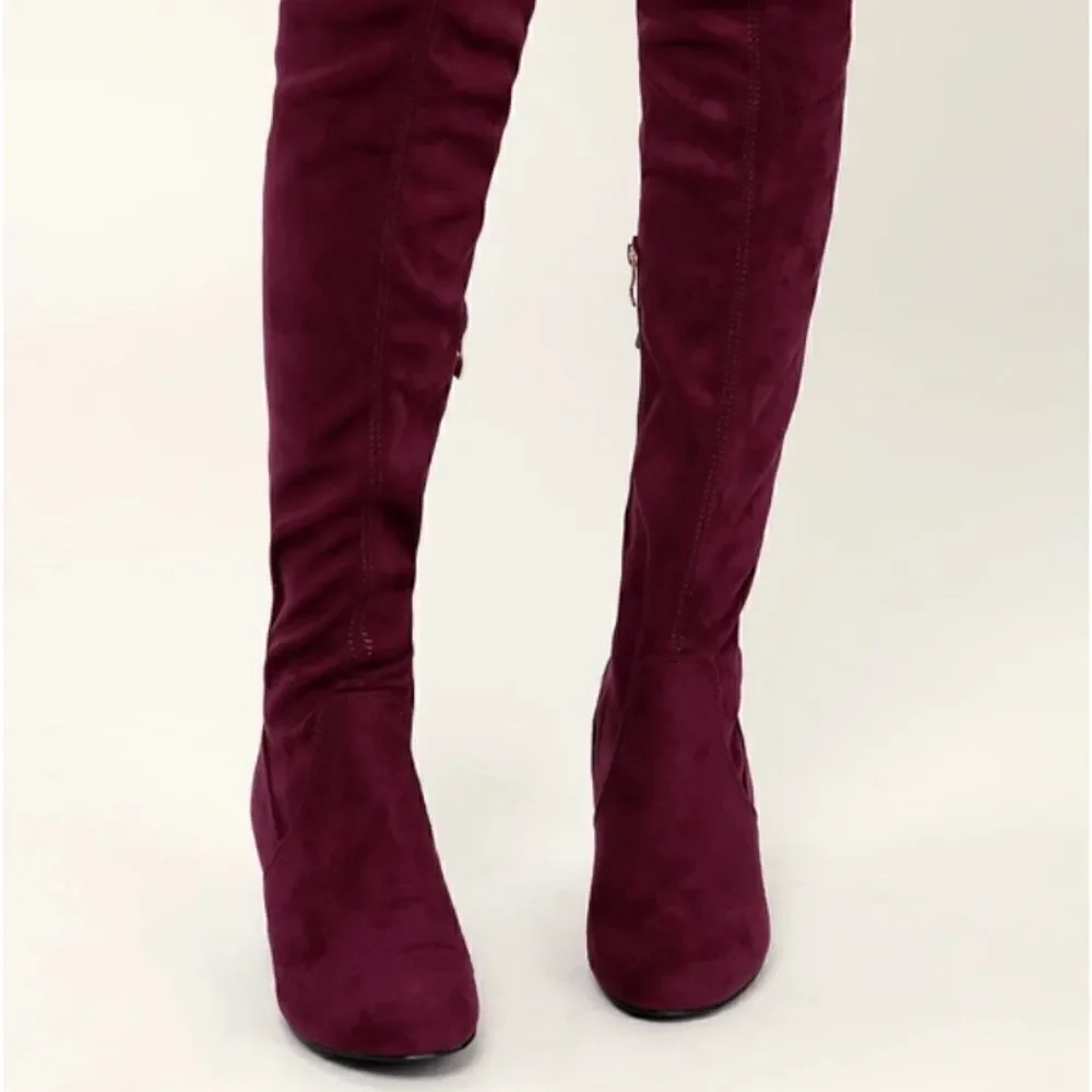 Lulu's Burgundy Suede Over-the-Knee Boots